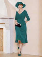 Robe Plissée de A-ligne à Col en V Longueur de Mollet en Mousseline Paon