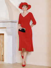 Robe Plissée de A-ligne à Col en V Longueur de Mollet en Mousseline Rouge