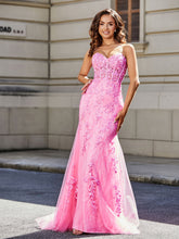 Robe de Soirée Sirène/Trompette avec Traîne Balayage en Dentelle Tulle Rose