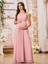 Robe de Demoiselle d'Honneur en Mousseline à Col Licou Longueur au Sol Rose Poudré