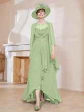 Robe en Mousseline à Col Illusion avec Veste Sauge