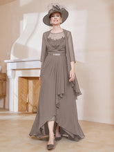Robe en Mousseline à Col Illusion avec Veste Taupe