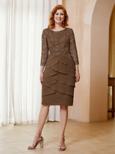 Robe Fourreau en Mousseline et Dentelle à Manches Longues avec Longueur de Mollet Brun