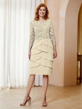 Robe Fourreau en Mousseline et Dentelle à Manches Longues avec Longueur de Mollet Champagne