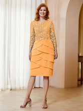 Robe Fourreau en Mousseline et Dentelle à Manches Longues avec Longueur de Mollet Mandarine