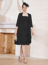 Robe de A-ligne en Mousseline à Encolure Carrée Longueur aux Genoux avec Veste Noir