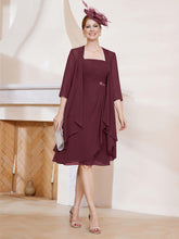 Robe de A-ligne en Mousseline à Encolure Carrée Longueur aux Genoux avec Veste Cabernet