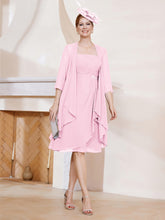 Robe de A-ligne en Mousseline à Encolure Carrée Longueur aux Genoux avec Veste Rose Bonbon