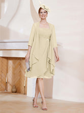 Robe de A-ligne en Mousseline à Encolure Carrée Longueur aux Genoux avec Veste Champagne