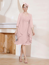 Robe de A-ligne en Mousseline à Encolure Carrée Longueur aux Genoux avec Veste Rose Poudré