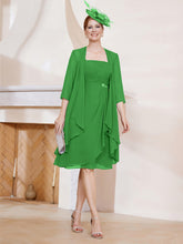 Robe de A-ligne en Mousseline à Encolure Carrée Longueur aux Genoux avec Veste Vert