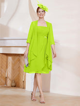 Robe de A-ligne en Mousseline à Encolure Carrée Longueur aux Genoux avec Veste Vert Citron
