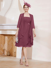 Robe de A-ligne en Mousseline à Encolure Carrée Longueur aux Genoux avec Veste Mûre