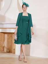Robe de A-ligne en Mousseline à Encolure Carrée Longueur aux Genoux avec Veste Paon