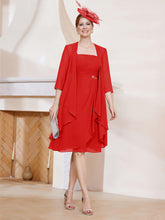 Robe de A-ligne en Mousseline à Encolure Carrée Longueur aux Genoux avec Veste Rouge