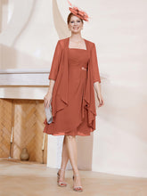 Robe de A-ligne en Mousseline à Encolure Carrée Longueur aux Genoux avec Veste Rouille