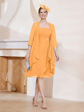 Robe de A-ligne en Mousseline à Encolure Carrée Longueur aux Genoux avec Veste Mandarine