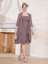 Robe de A-ligne en Mousseline à Encolure Carrée Longueur aux Genoux avec Veste Vintage Mauve