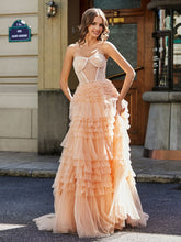 Robe de Soirée de A-ligne en Tulle à Col en Cœur avec Traîne Balayage Pêche