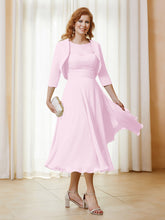 Robe de A-ligne en Mousseline et Dentelle à Col Illusion Longueur de Mollet Rose Pâle