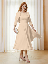 Robe de A-ligne en Mousseline et Dentelle à Col Illusion Longueur de Mollet Champagne