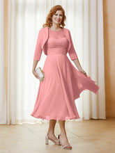 Robe de A-ligne en Mousseline et Dentelle à Col Illusion Longueur de Mollet Flamant