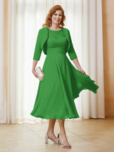 Robe de A-ligne en Mousseline et Dentelle à Col Illusion Longueur de Mollet Vert