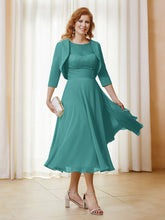 Robe de A-ligne en Mousseline et Dentelle à Col Illusion Longueur de Mollet Jade
