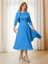 Robe de A-ligne en Mousseline et Dentelle à Col Illusion Longueur de Mollet Bleu Océan