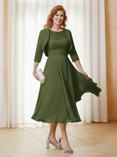 Robe de A-ligne en Mousseline et Dentelle à Col Illusion Longueur de Mollet Olive Verte
