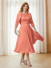 Robe de A-ligne en Mousseline et Dentelle à Col Illusion Longueur de Mollet Papaye