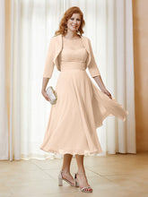 Robe de A-ligne en Mousseline et Dentelle à Col Illusion Longueur de Mollet Pêche