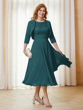 Robe de A-ligne en Mousseline et Dentelle à Col Illusion Longueur de Mollet Paon