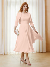 Robe de A-ligne en Mousseline et Dentelle à Col Illusion Longueur de Mollet Rose Perle
