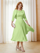 Robe de A-ligne en Mousseline et Dentelle à Col Illusion Longueur de Mollet Sauge