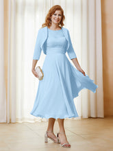 Robe de A-ligne en Mousseline et Dentelle à Col Illusion Longueur de Mollet Bleu Ciel