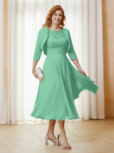 Robe de A-ligne en Mousseline et Dentelle à Col Illusion Longueur de Mollet Turquoise