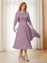 Robe de A-ligne en Mousseline et Dentelle à Col Illusion Longueur de Mollet Vintage Mauve