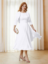 Robe de A-ligne en Mousseline et Dentelle à Col Illusion Longueur de Mollet Blanc