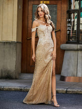 Robe de Soirée Sirène en Paillettes à Hors de l'Épaule Champagne Grande Taille
