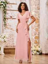 Maxi Robe à Col en V et Dos Ouvert avec Mancherons et Fente Rose Poudré