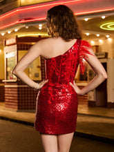 Robe fourreau/colonne à sequins avec appliqués et une épaule Bordeaux