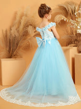 Robe avec Haut en Dentelle à Hors de l'Épaule et Traîne Balayage avec Fleur 3D Bleu Ciel