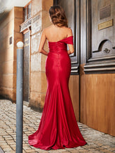 Robe de Soirée Sirène en Satin Extensible à Hors de l'Épaule Bordeaux