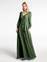 Robe en Mousseline à Col en V Et Manches Évasées avec Nœud Olive Verte
