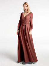 Robe en Mousseline à Col en V Et Manches Évasées avec Nœud terracotta