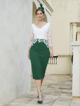 Robe Fourreau à Col en V Appliquée avec Manches Longues Vert Foncé