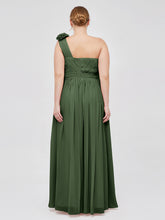 Une Epaule Mousseline Robe avec Fleurs Bretelle Olive Verte
