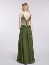 Licou Mousseline avec Or Applique Robe Olive Verte