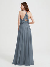 Col En V Dos Croisé Mousseline Robes De Demoiselle d'Honneur Bleu de Schiste